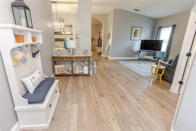 a view of a dining room with furniture