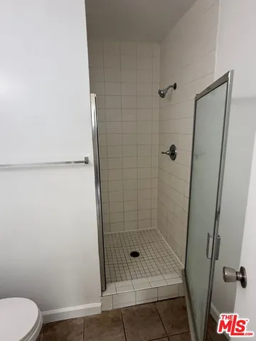 a bathroom with a shower and toilet