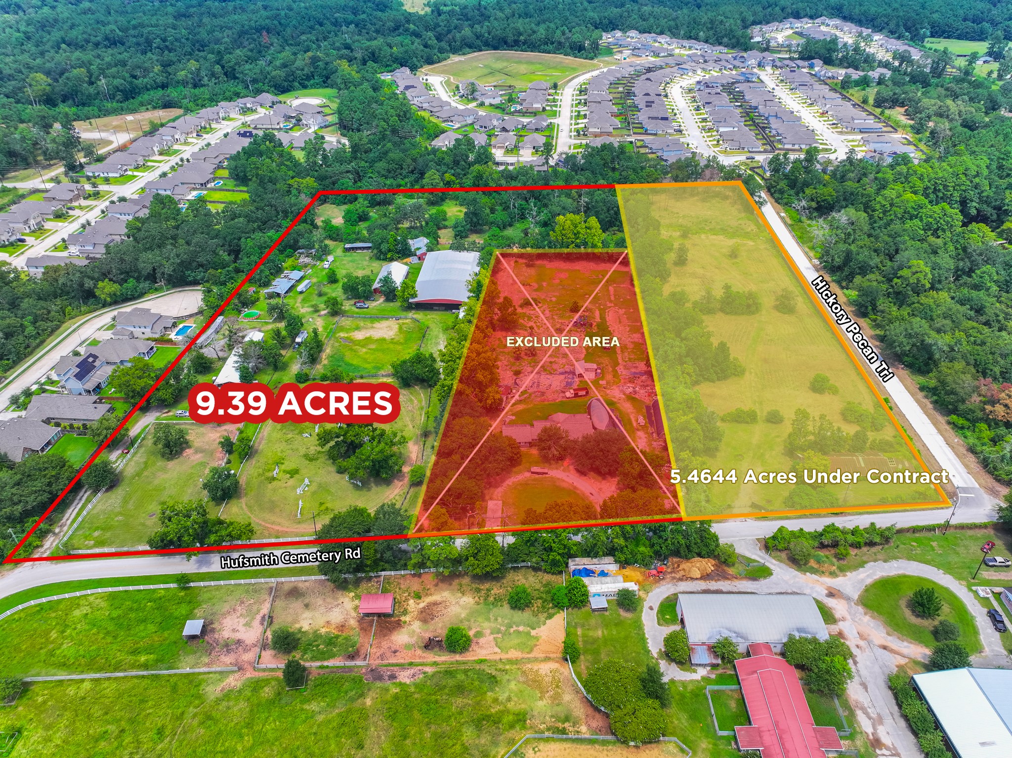 This aerial perspective places the property beautifully within its growing Tomball neighborhood — surrounded by mature Texas trees, accessible from established roads, and positioned in a corridor where land values continue to rise. The clearly marked boundary tells the story of a parcel that truly stands apart from everything around it.