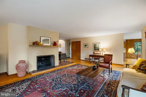 a living room with furniture or couch and a fireplace