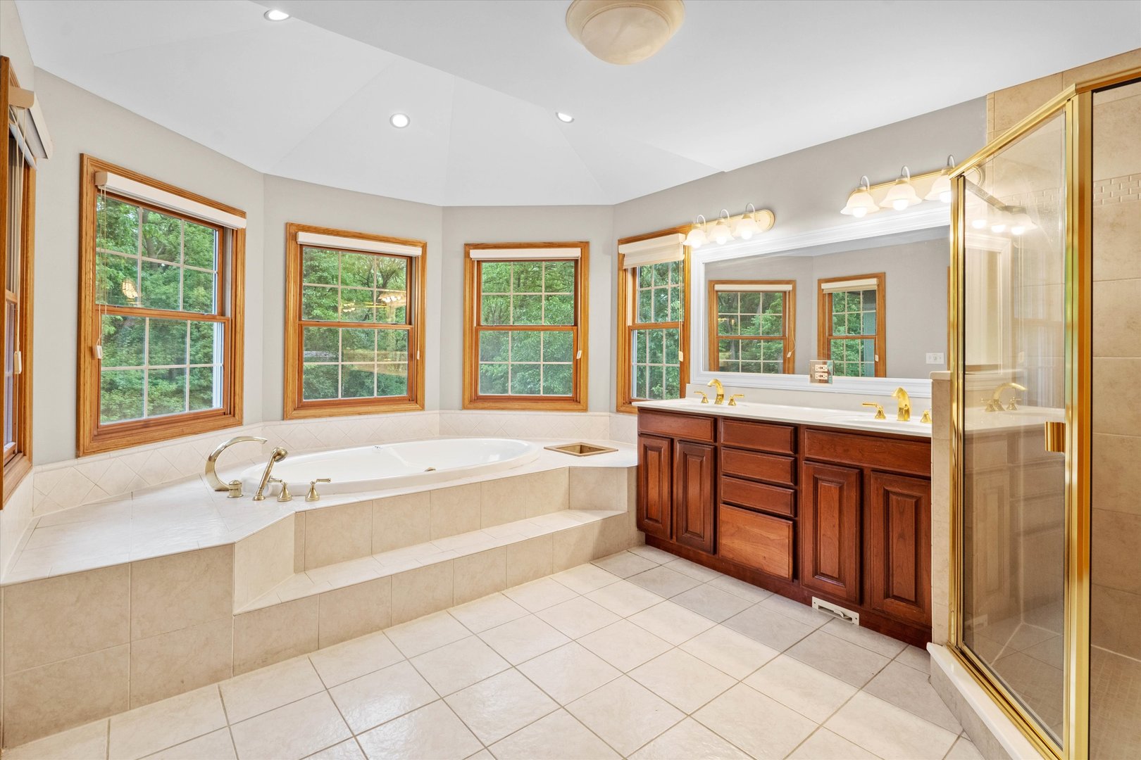 120 Fox Street Cary, IL 60013 - Photo 21 of 56 a spacious bathroom with a granite countertop tub and a large window