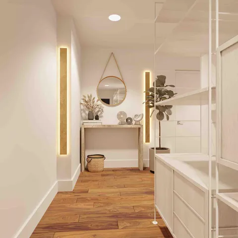 a room with a chair and a wooden floor