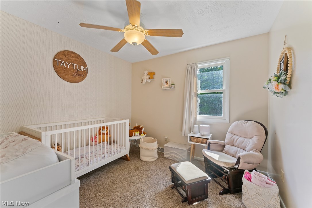 8184 Rochester Road East Rochester, OH 44625 - Photo 16 of 28 Bedroom with a crib, carpet, and ceiling fan