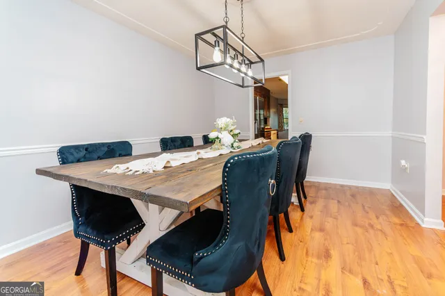 a view of a dining room with furniture and wooden floor