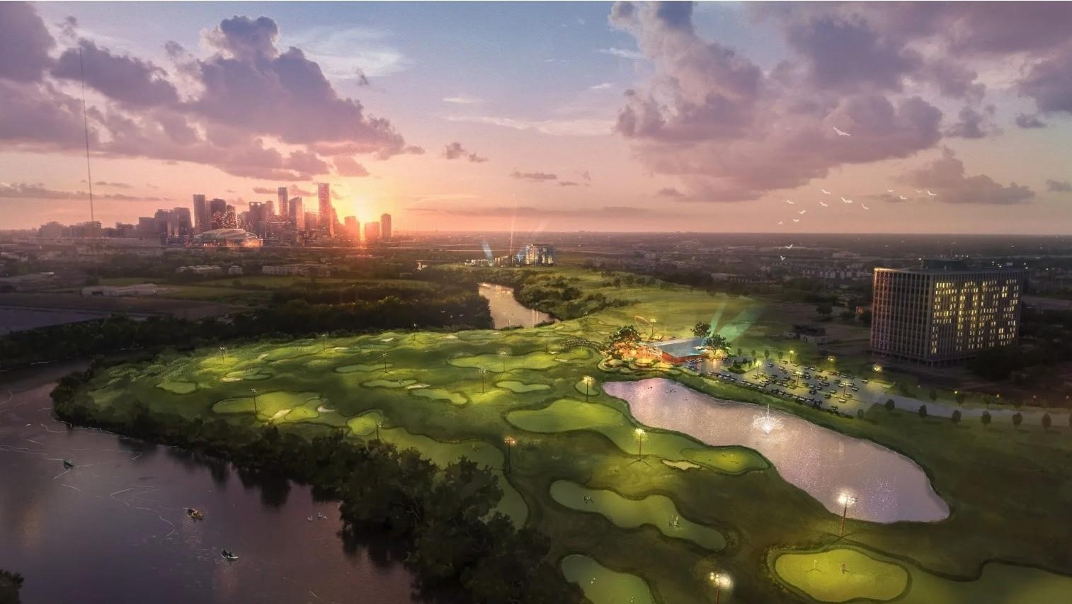 505 Middle Street Houston, TX 77003 - Photo 43 of 46 Discover the allure of East River 9, where urban sophistication meets serene riverside living, offering breathtaking skyline views, lush green spaces, and an idyllic golf course setting at sunset.