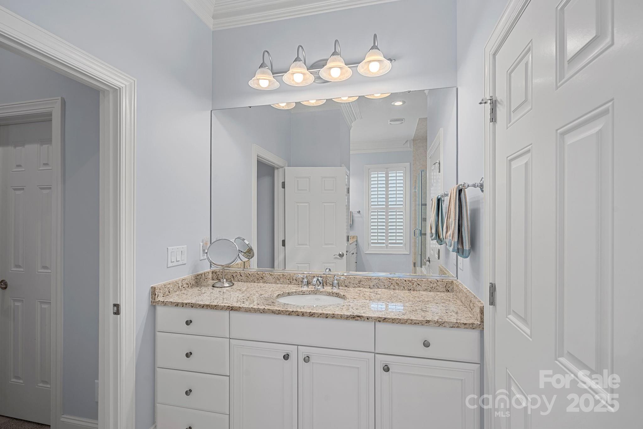 9803 Tree Canopy Road Charlotte, NC 28277 - Photo 13 of 42 a bathroom with a granite countertop sink a mirror and a shower