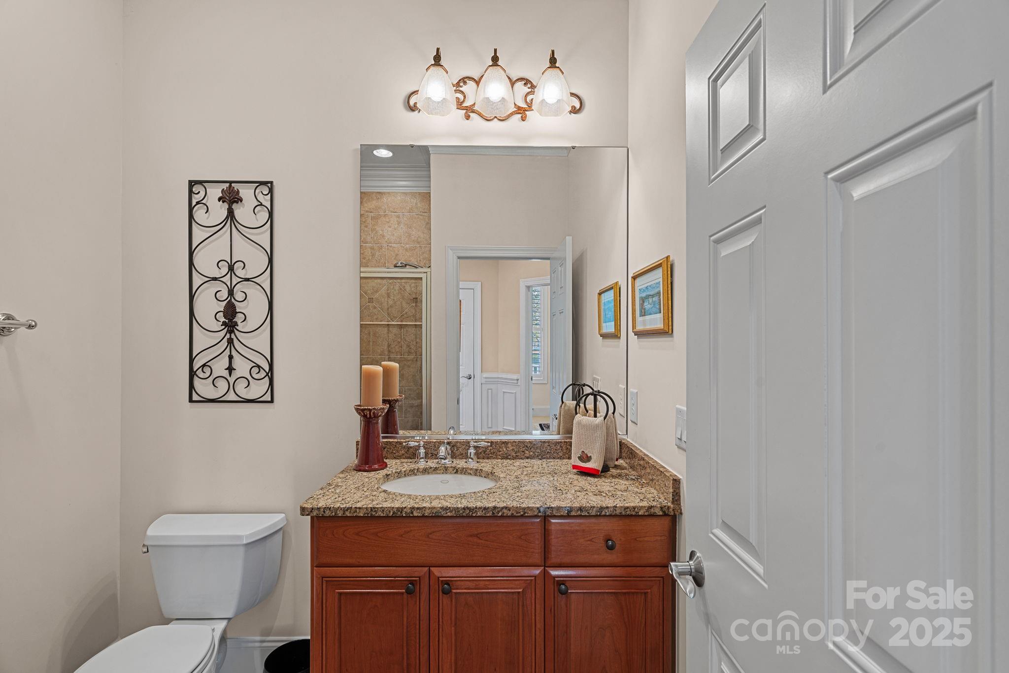 9803 Tree Canopy Road Charlotte, NC 28277 - Photo 18 of 42 a bathroom with a granite countertop sink mirror vanity and toilet