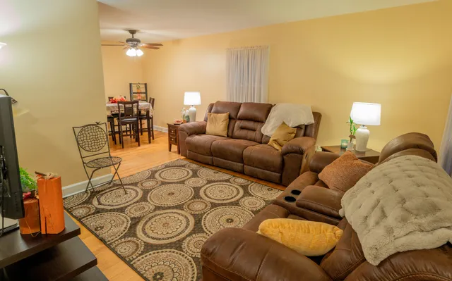 a living room with furniture and a lamp