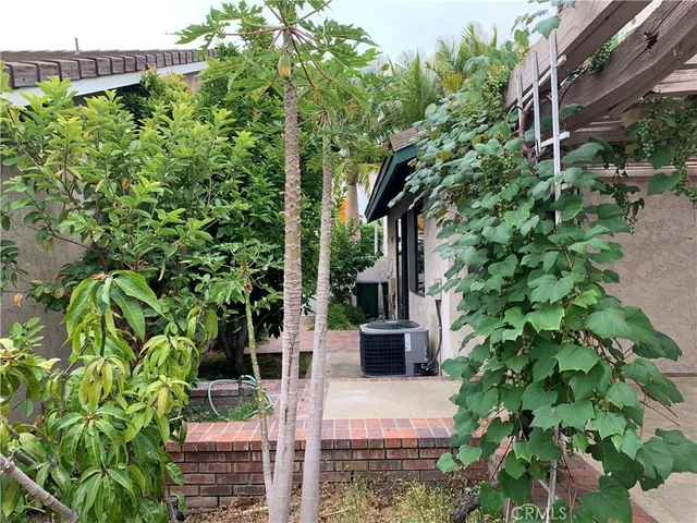 a view of a house with potted plants and large trees