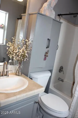 a bathroom with a sink a toilet and shower curtain