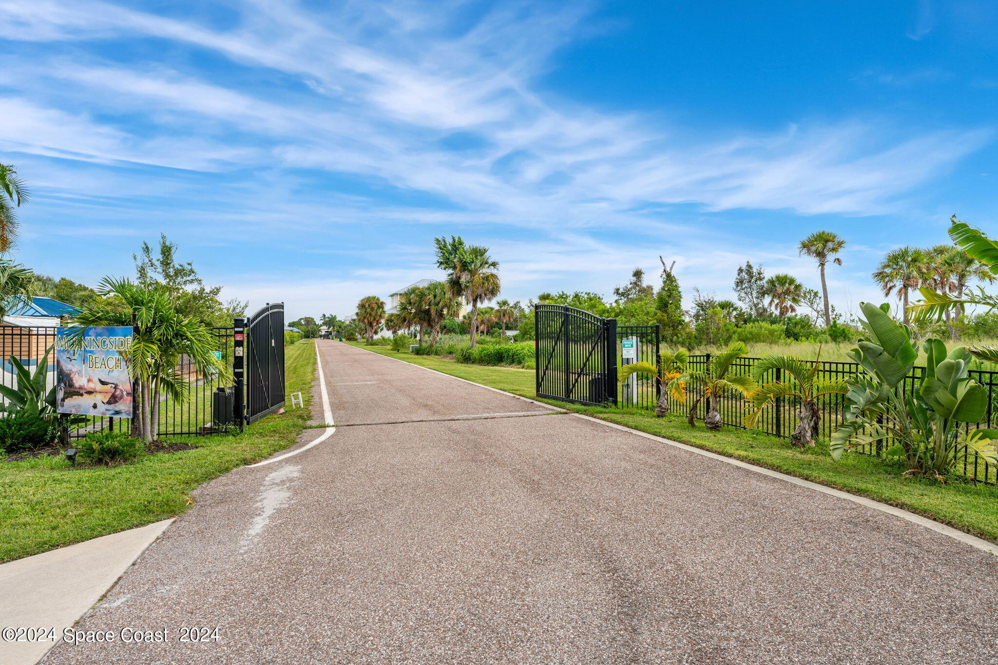 a view of a road with a garden