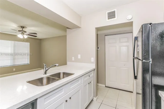 a kitchen with a sink and a refrigerator