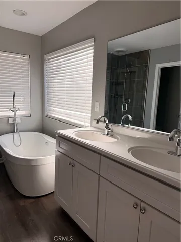 a bathroom with a double vanity sink large mirror and a bathtub