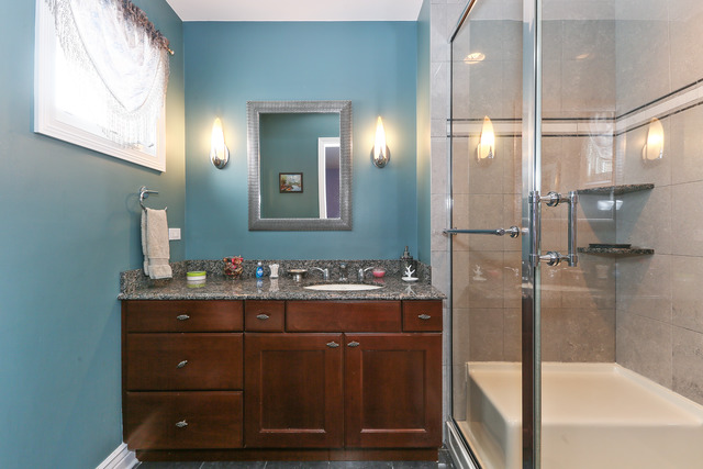 248 Highland Road Willowbrook, IL 60527 - Photo 18 of 25 a bathroom with a sink a mirror and a shower