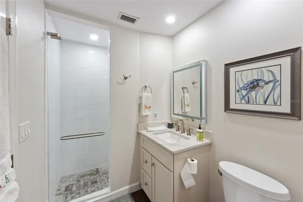 a bathroom with a granite countertop sink toilet and shower