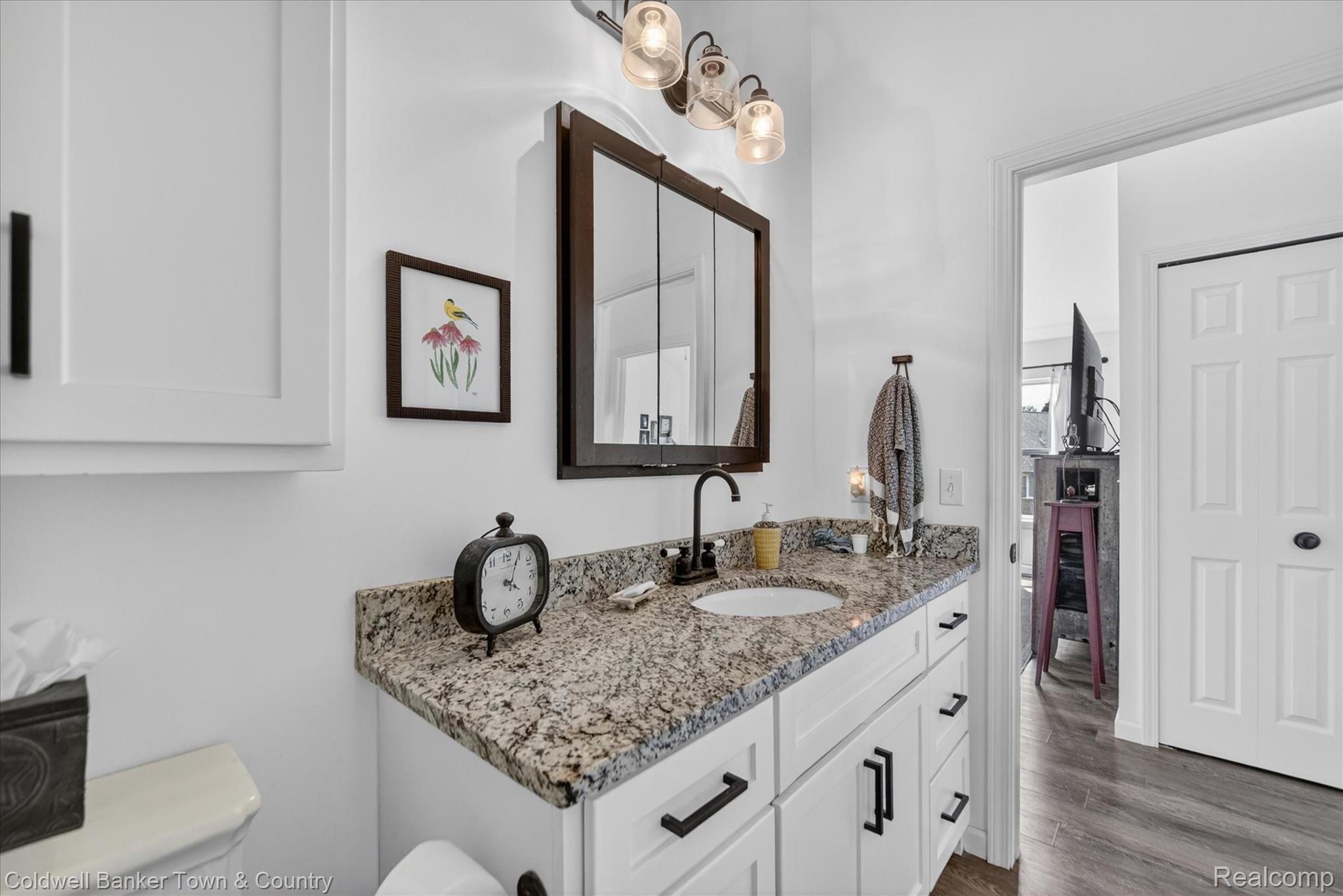 918 Gray Fox Court Howell, MI 48843 - Photo 60 of 84 White vanity with a speckled granite countertop, undermount sink, and matte black faucet