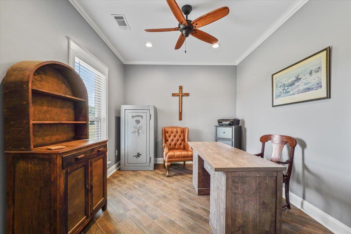 4374 Gainsville Road Mason, TN 38049 - Photo 19 of 40 Office area featuring ornamental molding, wood finished floors, a ceiling fan, and recessed lighting