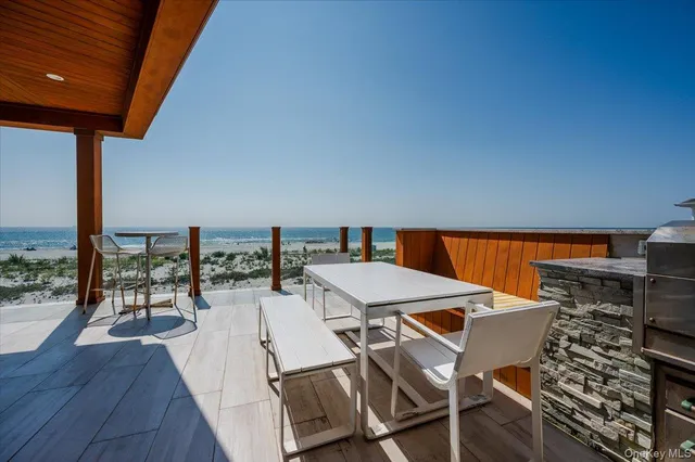 an outdoor space with furniture