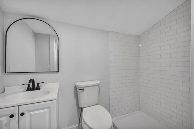 a bathroom with a toilet sink vanity and mirror