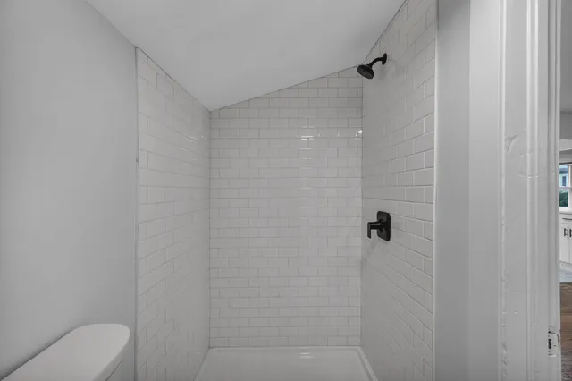 a bathroom with a shower and toilet