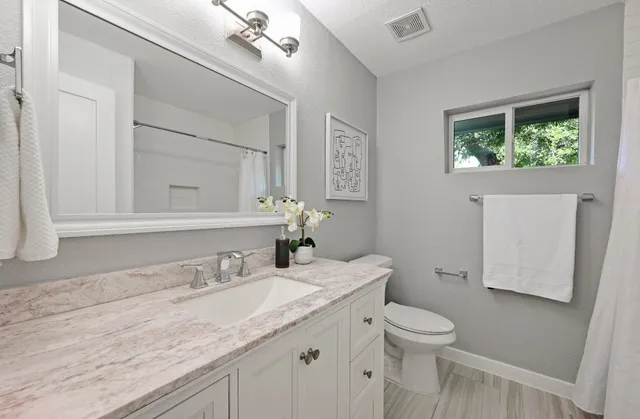 a bathroom with a granite countertop sink a toilet and a mirror