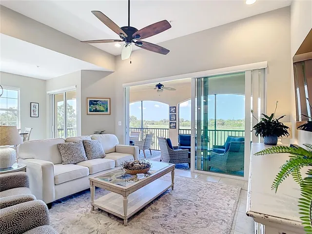 a living room with furniture a rug potted plant and a large window