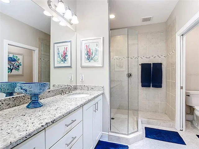 a bathroom with a granite countertop sink a mirror and shower