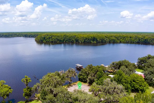 an aerial view of a house with a yard