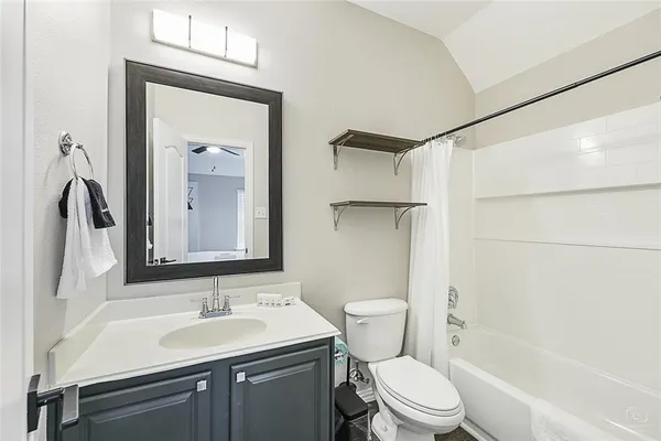 a bathroom with a sink toilet vanity and shower