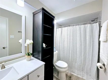 a bathroom with a sink toilet and shower