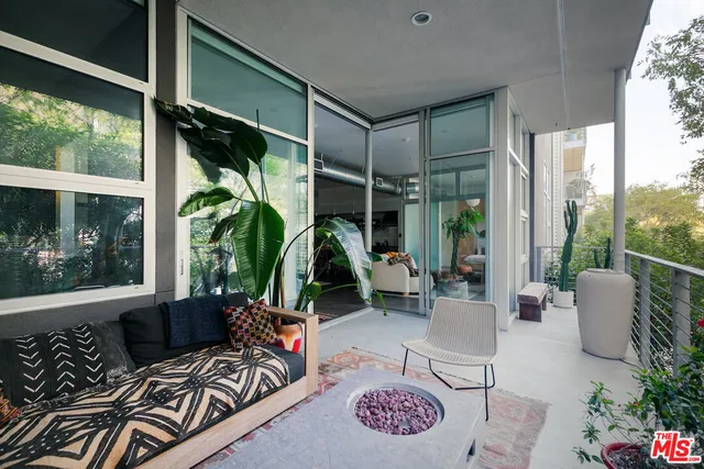 a building outdoor space with patio furniture