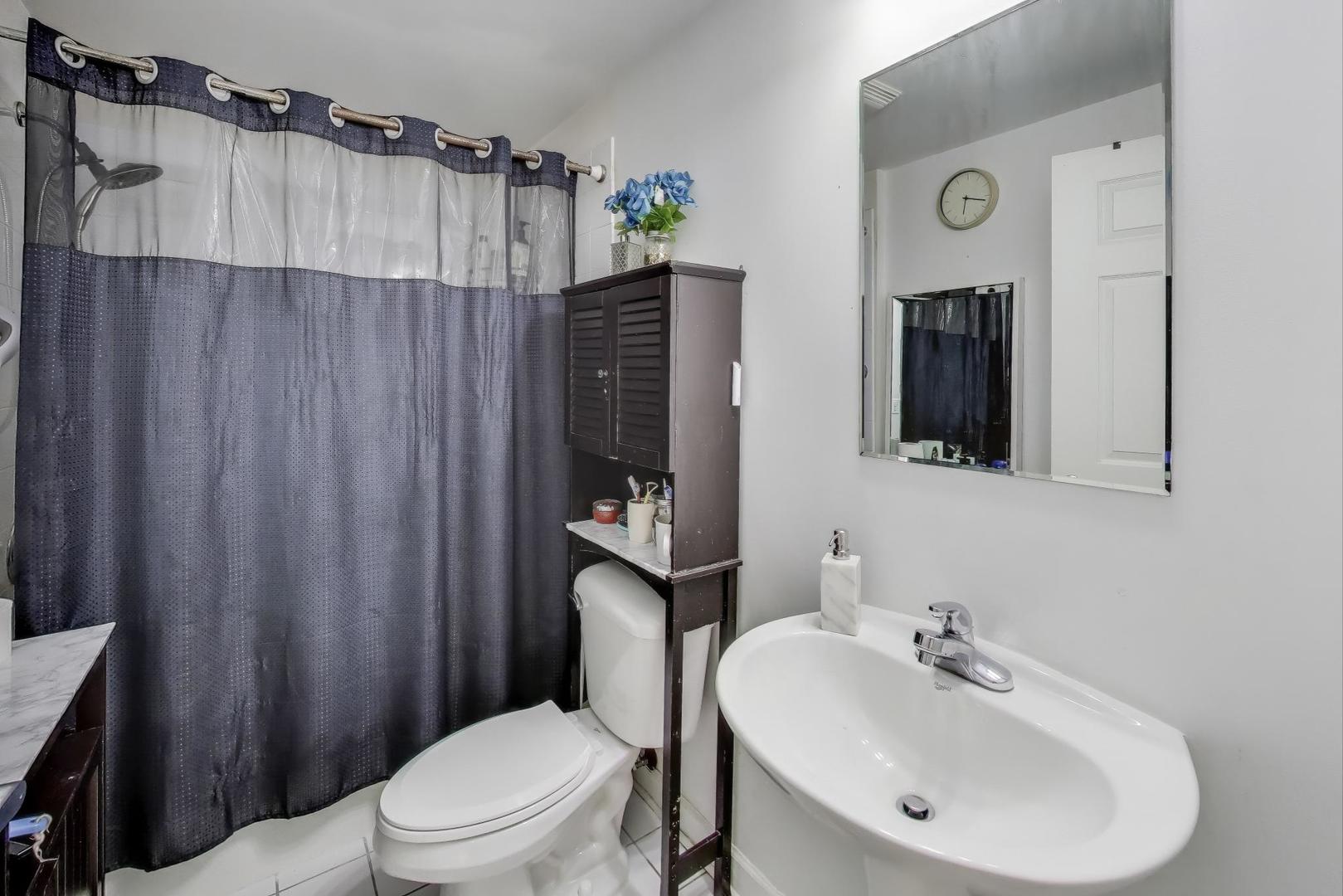 8300 Callie Avenue, Unit 310 Morton Grove, IL 60053 - Photo 19 of 25 a bathroom with a sink a toilet and shower curtain