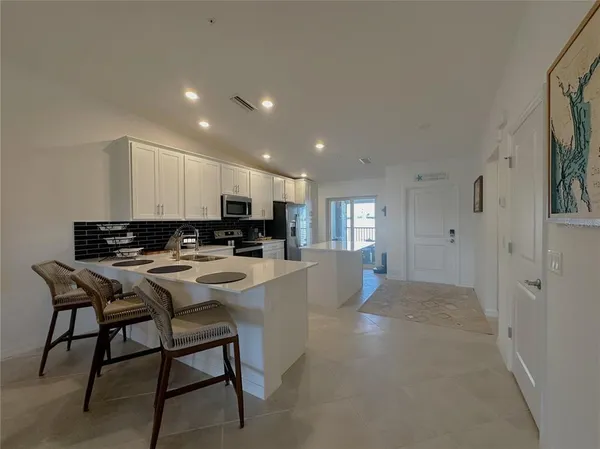a view of a dining room with furniture