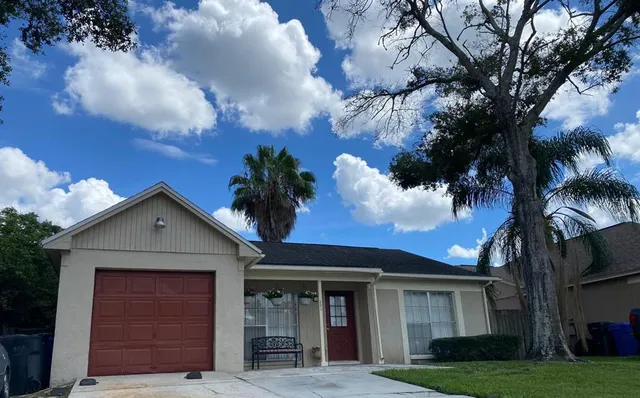 a view of a white house with a large tree