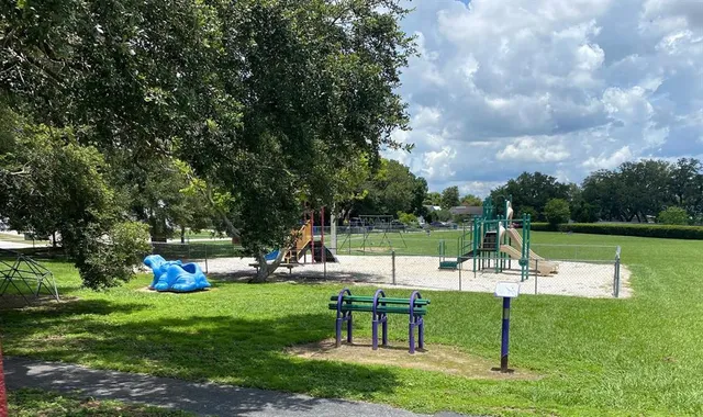 a view of a park with slide
