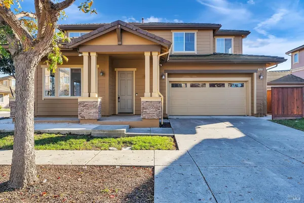 a view of a white house with a small yard plants and large tree