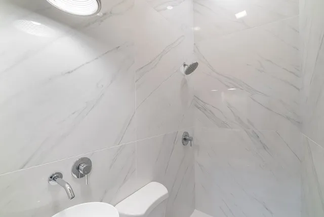 a bathroom with a toilet and shower