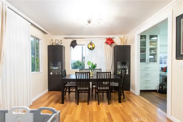 a view of a dining room with furniture window and wooden floor