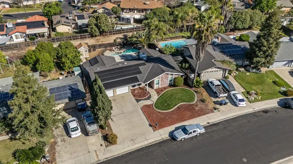 an aerial view of a backyard