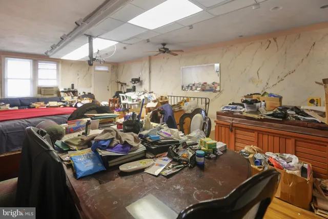 a view of a dining room with furniture a potted plant and wooden floor