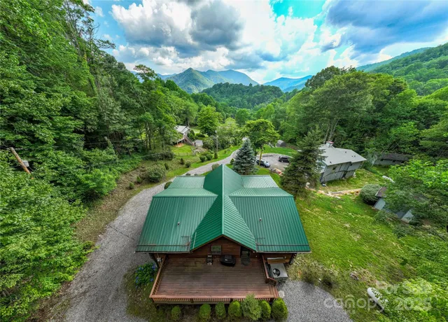 an aerial view of a backyard