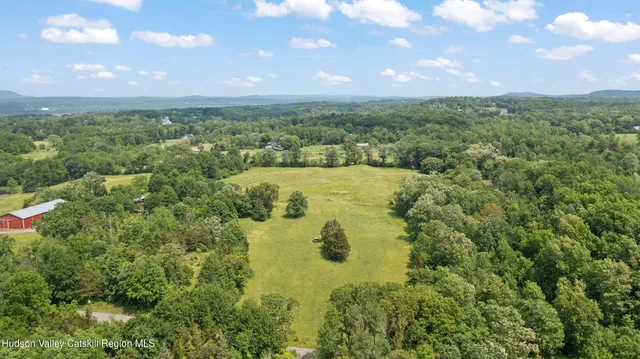 an aerial view of residential houses with outdoor space and trees