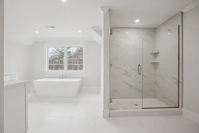 a bathroom with a bathtub and a shower