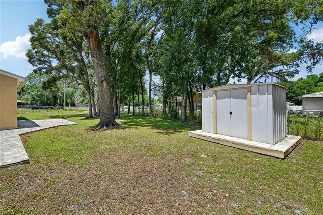 a backyard of a house with a large tree