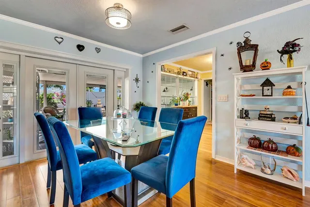 a view of a dining room with furniture