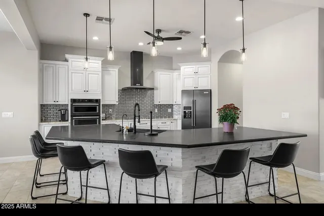 a view of a dining room with furniture