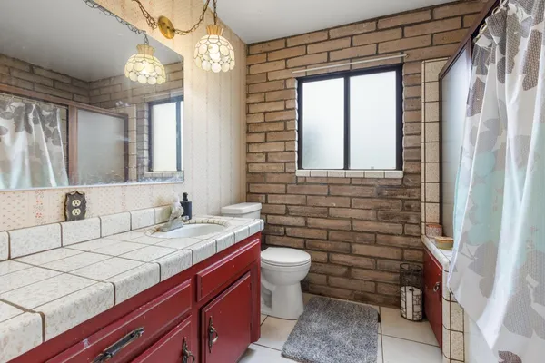 a bathroom with a sink a toilet a mirror and a shower