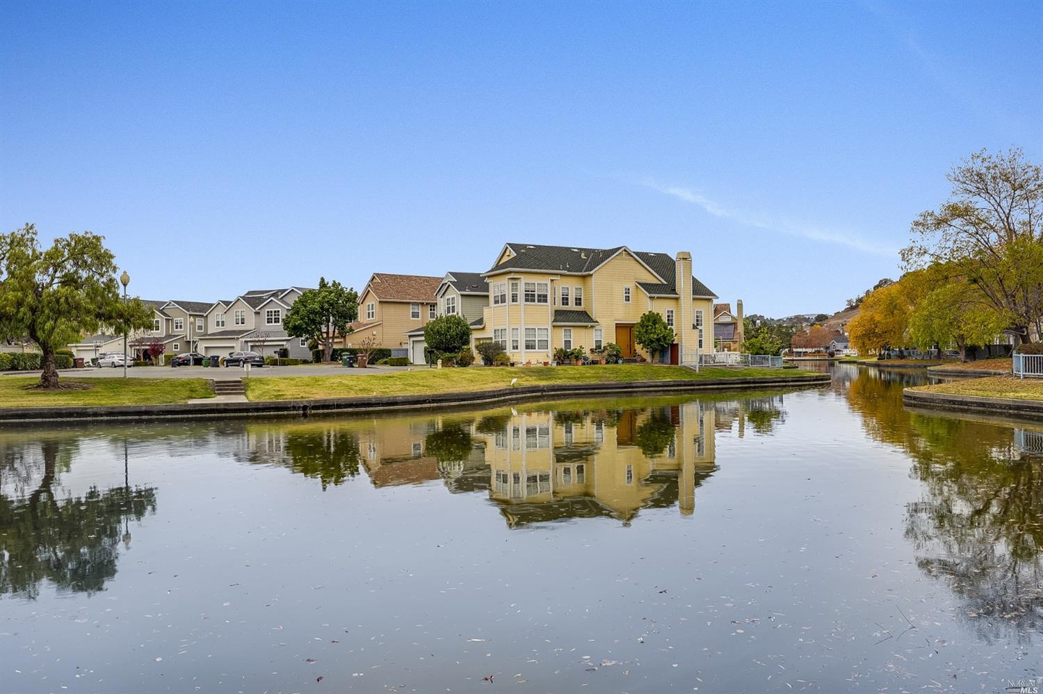 a view of a lake with a city
