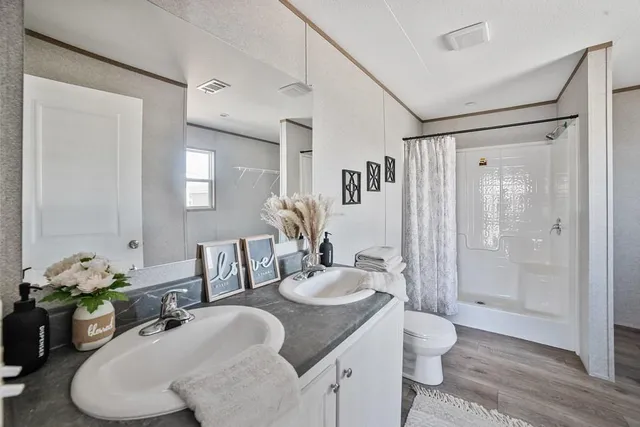 a bathroom with a granite countertop sink a toilet and shower