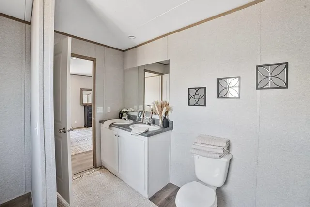 a bathroom with a toilet sink and mirror